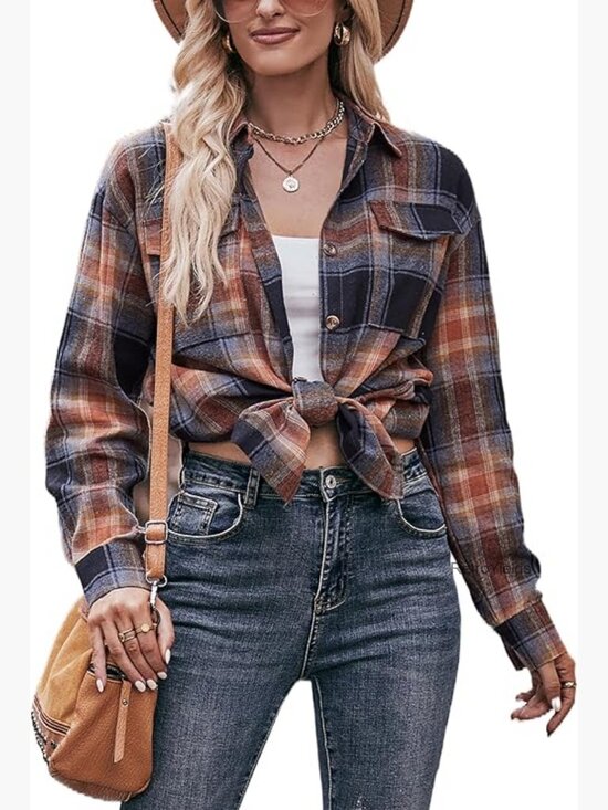 Tops - Womens Casual Cuffed Long Sleeve Boyfriend Button Down Plaid Flannel Shirt Tops